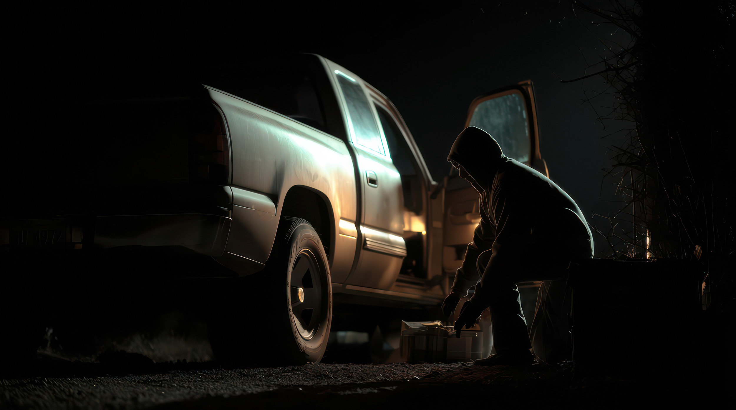 Theif breaking into a truck at night. 